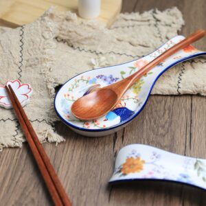 Sizikato Set of 2 Ceramic Spoon Rests, 9-Inch Utensil Ladle Rest for Kitchen, Flower and Bird Pattern, Blue