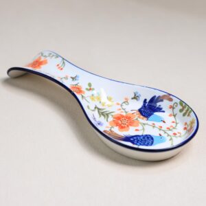 Sizikato Set of 2 Ceramic Spoon Rests, 9-Inch Utensil Ladle Rest for Kitchen, Flower and Bird Pattern, Blue