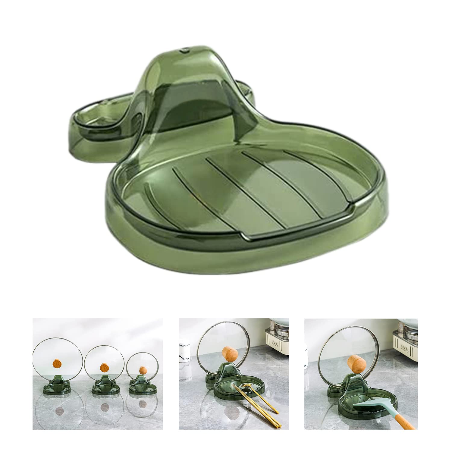 wekunro Multifunction Kitchen Spatula Rack - Spoon Rest w/Lid Holder, Versatile Pot Lid Ladle Holder, Crab Spoon Holder & Silicone Spoons Rest Holder for Kitchen Counter Pot Lid Holders (Green)