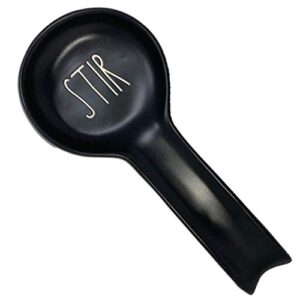 rae dunn"stir" spoon rest - in black artisan collection by magenta - the perfect addition to your kitchen! beautiful black color with large contrasting ll font lettering spelling the word"stir"
