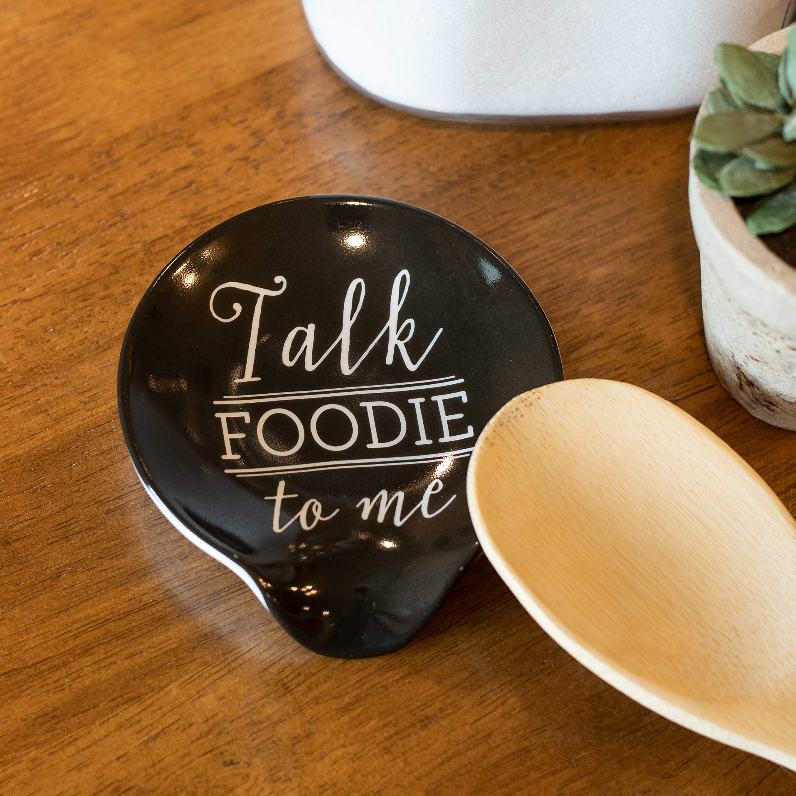 DEMDACO Talk Foodie To Me 4.5 x 4 Glossy Black Ceramic Stoneware Kitchen Spoon Rest