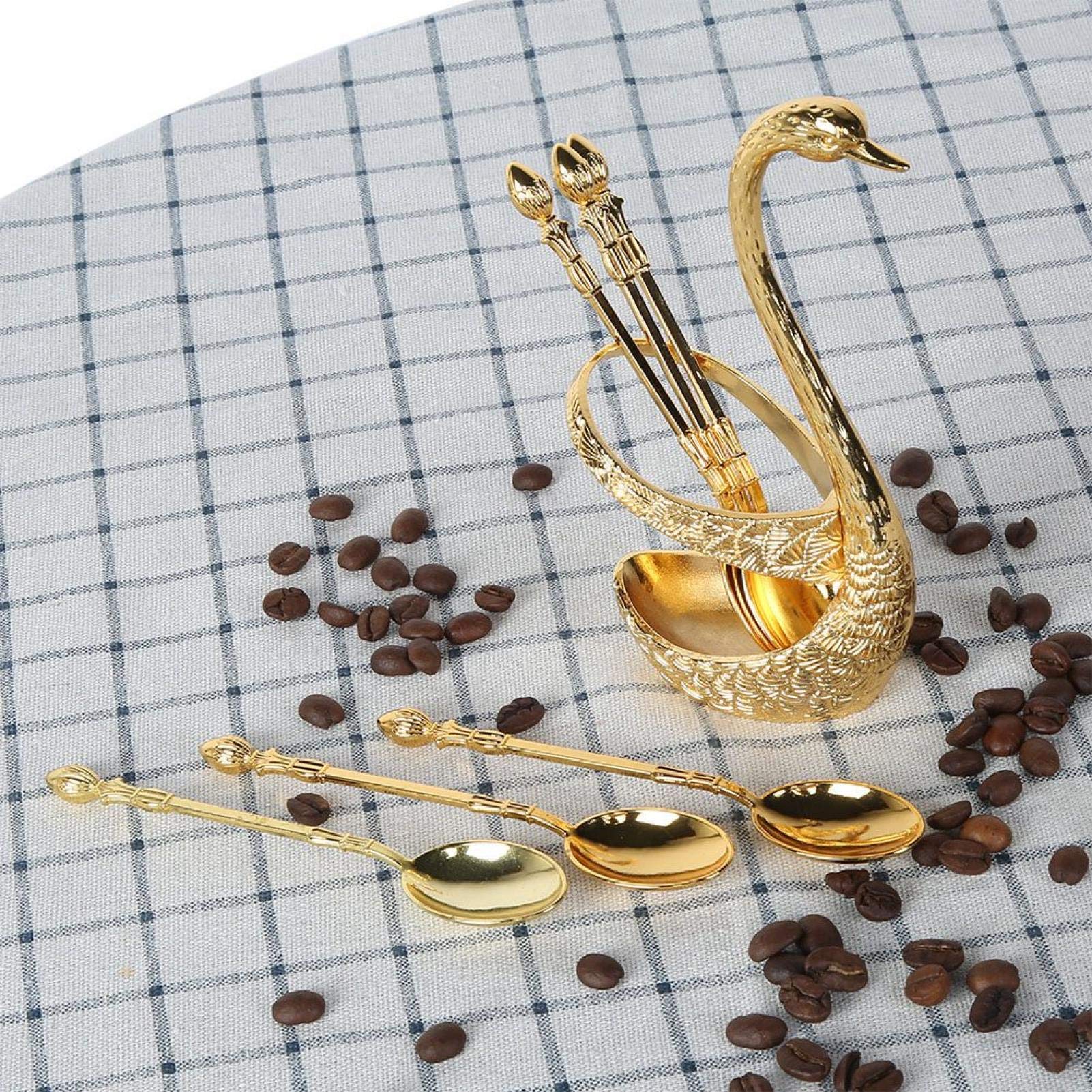 Oumefar Dessert Spoons, 10pcs Premium Food Grade Stainless Steel 4.7 Coffee Spoon with Decorative Swan Base Holder, Creative Gold Dessert Spoons and Swan Shape Holder,for Coffee Dessert Ice Cream Cake