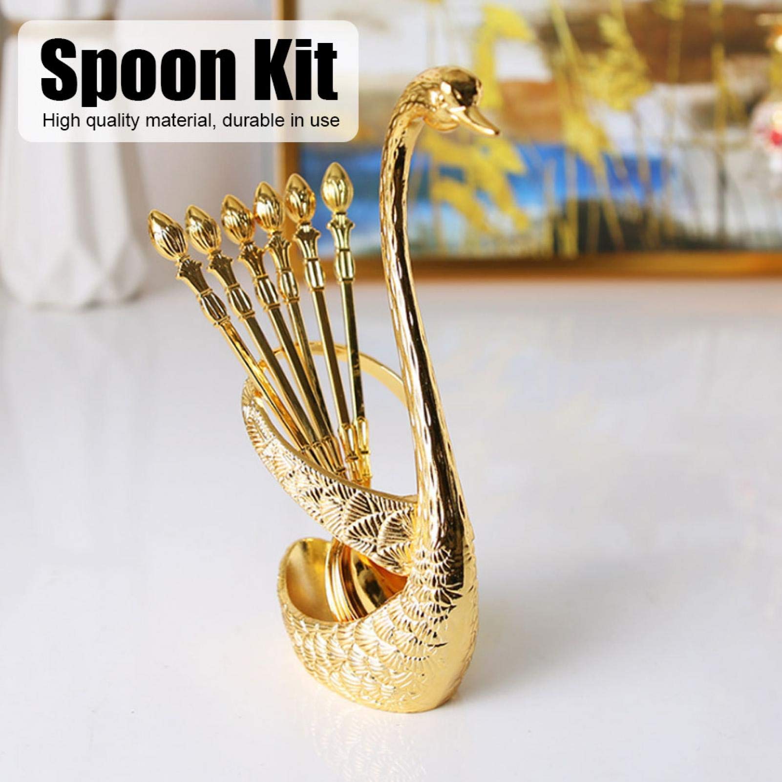 Oumefar Dessert Spoons, 10pcs Premium Food Grade Stainless Steel 4.7 Coffee Spoon with Decorative Swan Base Holder, Creative Gold Dessert Spoons and Swan Shape Holder,for Coffee Dessert Ice Cream Cake