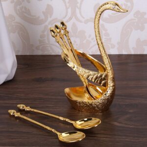 Oumefar Dessert Spoons, 10pcs Premium Food Grade Stainless Steel 4.7 Coffee Spoon with Decorative Swan Base Holder, Creative Gold Dessert Spoons and Swan Shape Holder,for Coffee Dessert Ice Cream Cake