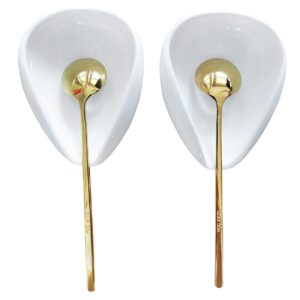 2 Pack Coffee Spoon Rest and Spoon, Ceramic Coffee Spoon Holder, small spoon rest,Teaspoon Rest, Mini Spoon Holder for Coffee Bar, Coffee Station, Coffee Bar Accessories(Ture white+Gold Spoon)