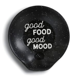 demdaco good food good mood 4.5 x 4 glossy speckled black and white ceramic stoneware kitchen spoon rest
