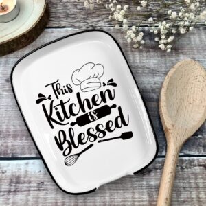 Ceramic Fork Spoon Rest -This Kitchen Is Blessed Kitchenware Spoon Rest Suitable for Kitchen Countertop or Stove Top Kitchen Accessory and Gift for Cooking Enthusiasts