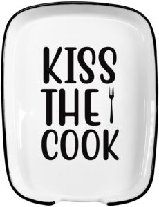 hvukeke ceramic spoon rest for stove top, funny kiss the cook white spoon holders for kitchen counter, modern farmhouse kitchen cute decor