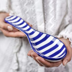 handmade dark navy blue stripe ceramic kitchen cooking spoon rest | pottery utensil holder | housewarming gift by city to cottage®