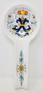 nova deruta spoon rest, blue and yellow fleur de lis with fruit, made in italy, italian exclusively handcrafted earthenware for sur la table, deruta region artwork, 11.5" x 5"