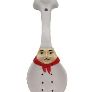 ACK Plump Bistro White Chef Hand Painted Ceramic Spoon Rest,Cooking Spoon Holder for Kitchen Counter, Utensil Rest for Spoon, Ladle, Spatula, Kitchen Décor