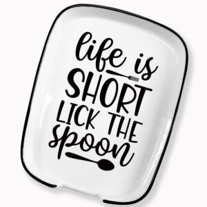 funny life is short lick the spoon quote spoon rest for stove top-large spoon holder for kitchen counter-heat resistant cooking kitchen accessory and gift for cooking enthusiasts