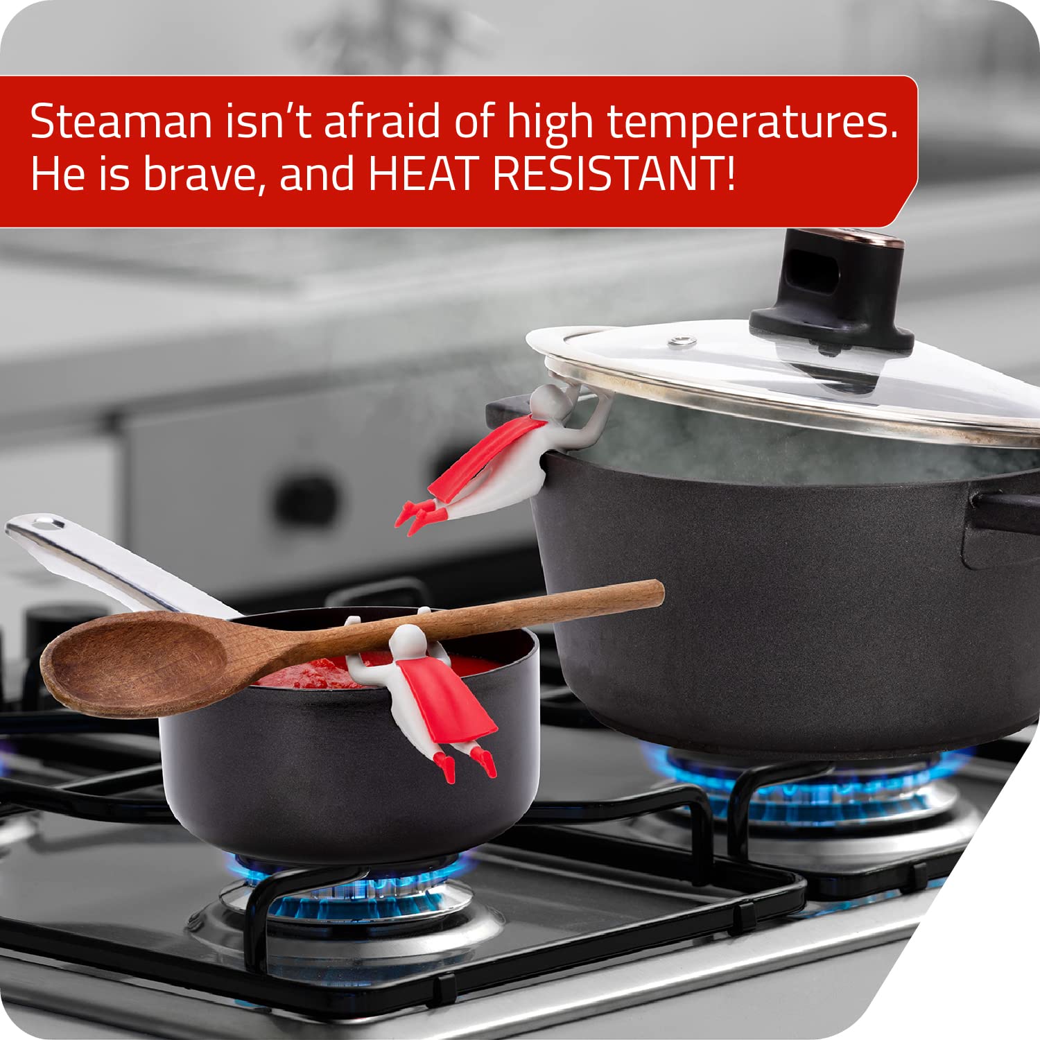 Steaman: Steam Releaser for Pot Top and Edge-Sitting Spoon Holder | Superhero-Themed Steam Releaser to Keep the Lid Slightly Lifted and Help Reduce Sauces | Cute Kitchen Accessories by Peleg Design