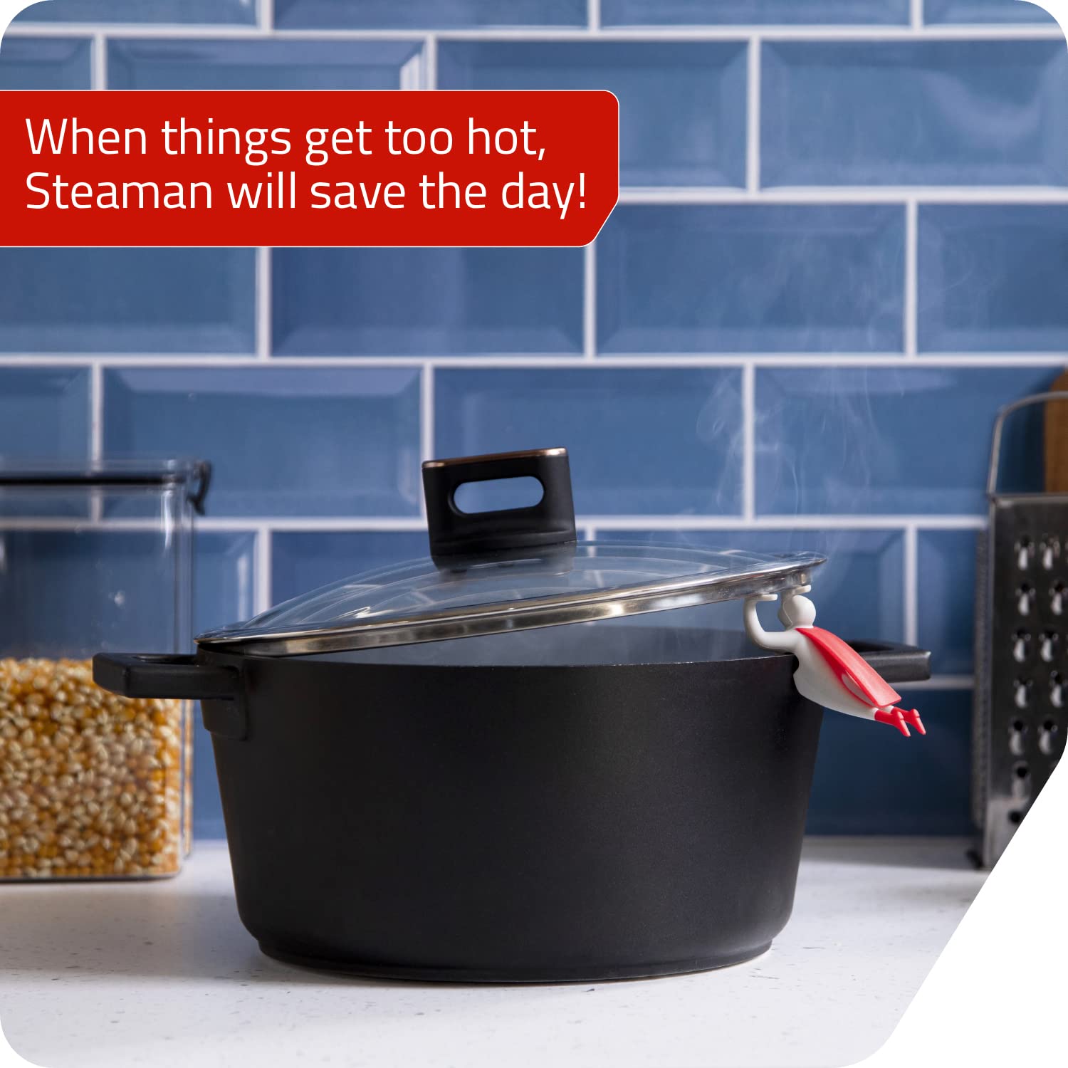 Steaman: Steam Releaser for Pot Top and Edge-Sitting Spoon Holder | Superhero-Themed Steam Releaser to Keep the Lid Slightly Lifted and Help Reduce Sauces | Cute Kitchen Accessories by Peleg Design