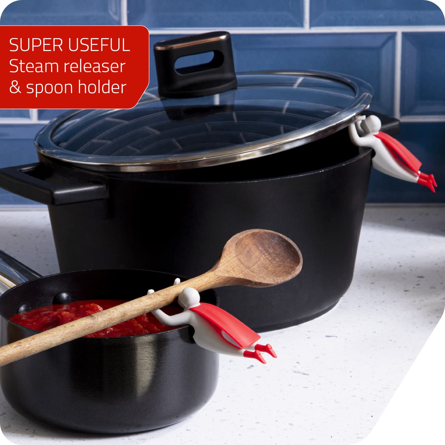 Steaman: Steam Releaser for Pot Top and Edge-Sitting Spoon Holder | Superhero-Themed Steam Releaser to Keep the Lid Slightly Lifted and Help Reduce Sauces | Cute Kitchen Accessories by Peleg Design