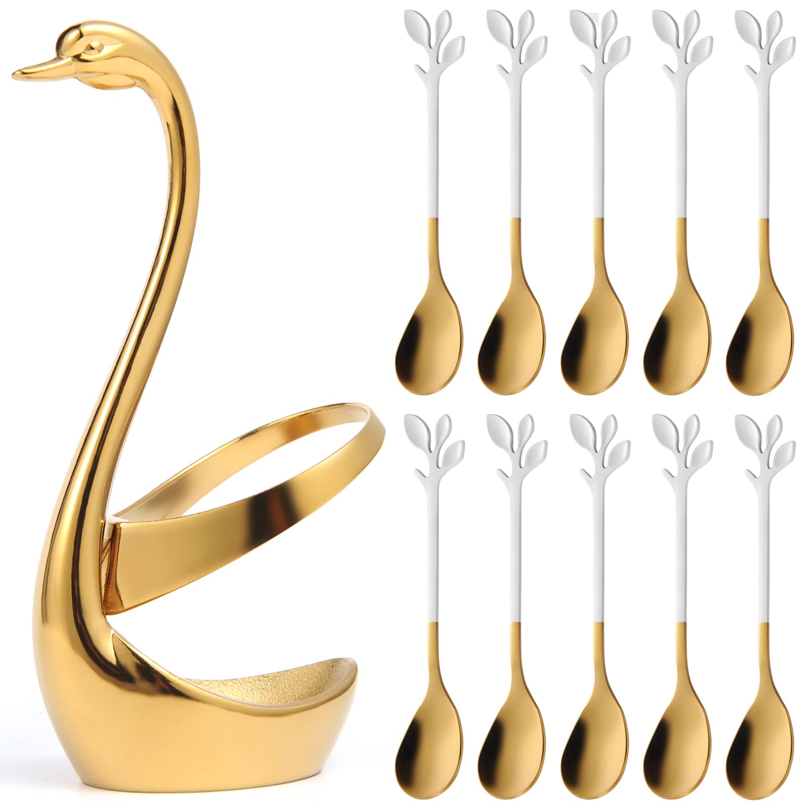 AnSaw Gold Small Swan Base Holder With White & Gold 10Pcs 4.7Inch leaf Handle Coffee Spoon Set