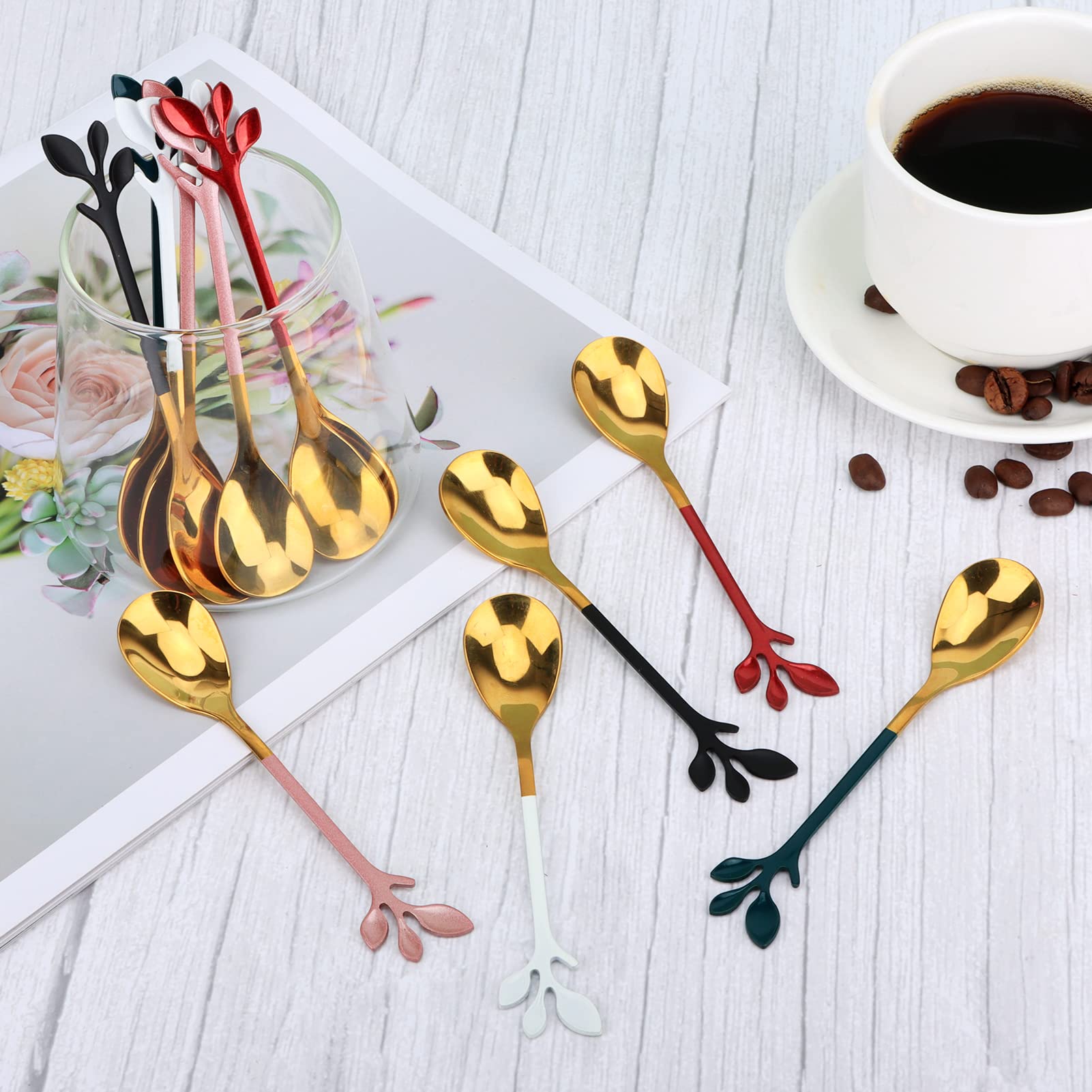 AnSaw Gold Small Swan Base Holder With White & Gold 10Pcs 4.7Inch leaf Handle Coffee Spoon Set