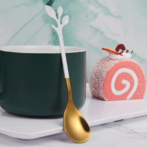 AnSaw Gold Small Swan Base Holder With White & Gold 10Pcs 4.7Inch leaf Handle Coffee Spoon Set