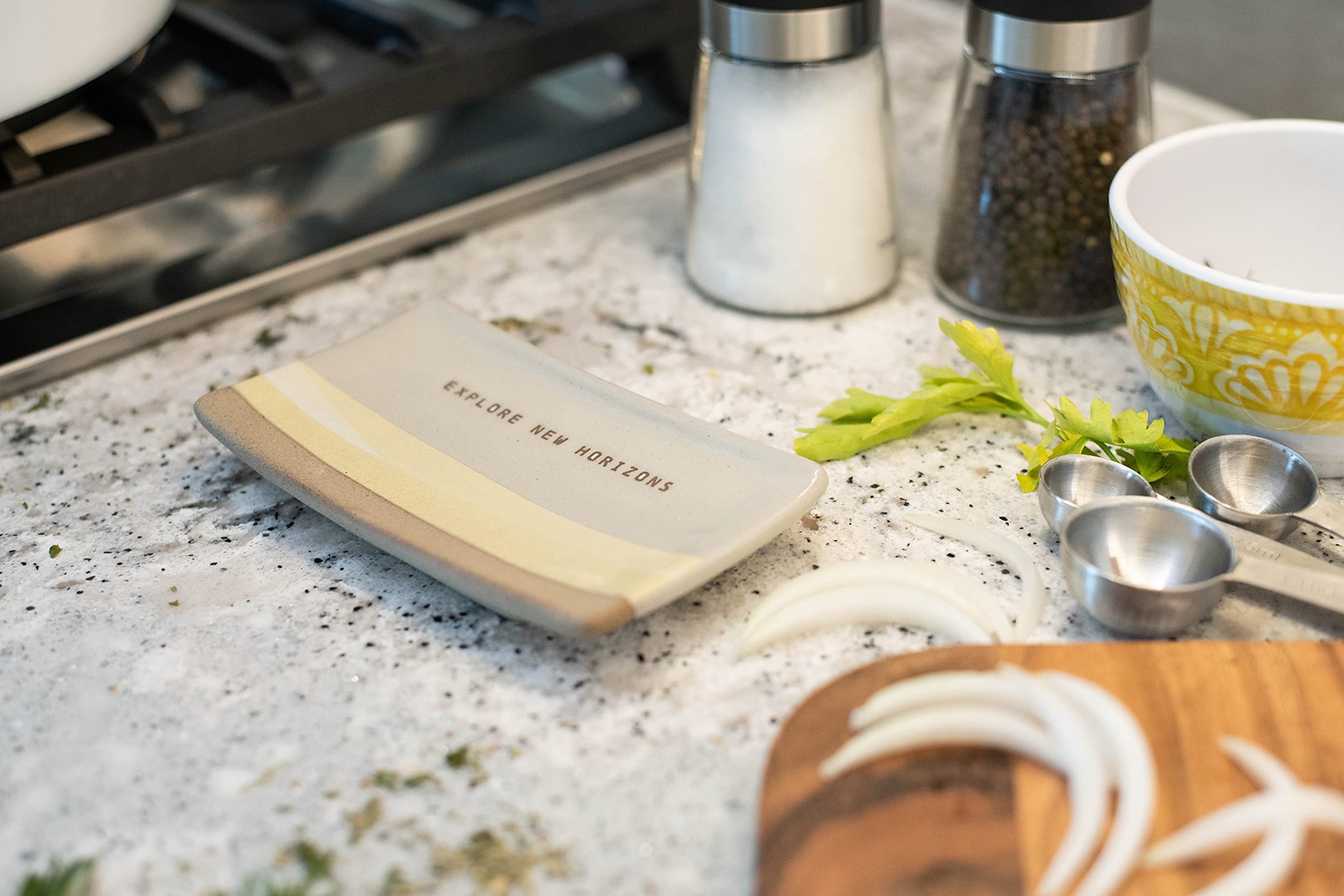 Demdaco Explore New Horizons Cream and Beige Stripe 6 x 3.5 Stoneware Everyday Kitchen Rectangle Spoon Rest