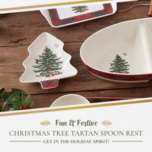 Spode Christmas Tree Tartan Spoon Rest | 7 – Inch Tree Shaped Cooking Utensil Rest | Spatula Ladle Holder for Kitchen Countertop | Made of Fine Porcelain Dishwasher Safe