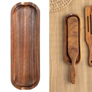 Teak Spatula Rest with Inlay Design, Teak Kitchen Utensil Cooking Shovel Holder Base Countertop Cooking Organizer Small Serving Tray for Spatula, Spoons