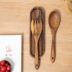 Teak Spatula Rest with Inlay Design, Teak Kitchen Utensil Cooking Shovel Holder Base Countertop Cooking Organizer Small Serving Tray for Spatula, Spoons