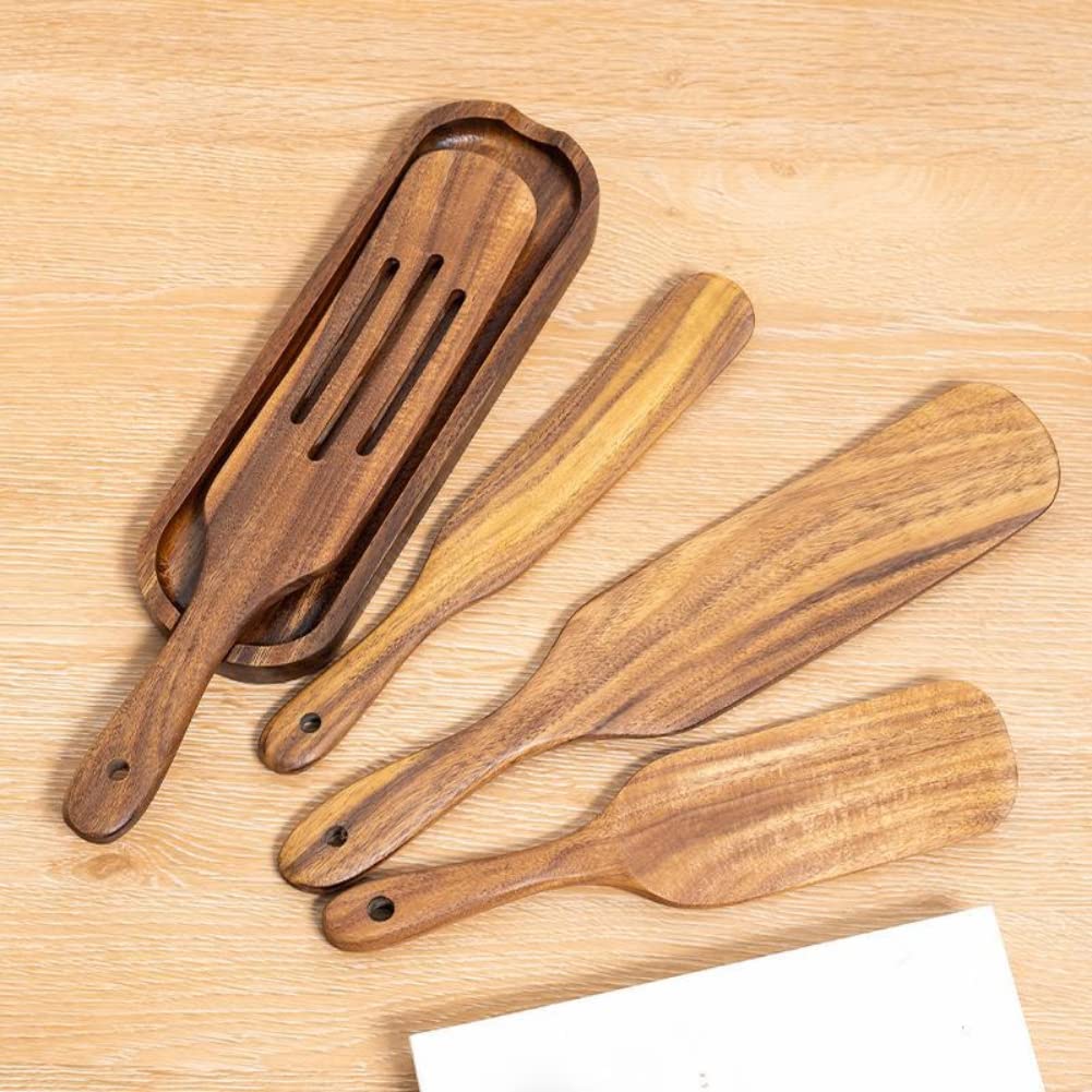 Teak Spatula Rest with Inlay Design, Teak Kitchen Utensil Cooking Shovel Holder Base Countertop Cooking Organizer Small Serving Tray for Spatula, Spoons