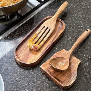 Teak Spatula Rest with Inlay Design, Teak Kitchen Utensil Cooking Shovel Holder Base Countertop Cooking Organizer Small Serving Tray for Spatula, Spoons