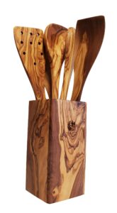 oliviko handmade olive wood holder+ utensils kit of 5 utensils holder+ 2 spatula + 3 spoon 100% olive wood
