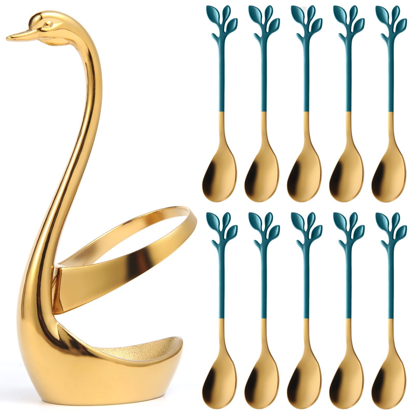 AnSaw Gold Small Swan Base Holder With Green & Gold 10Pcs 4.7Inch leaf Handle Coffee Spoon Set