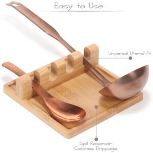Premium Bamboo Four (4) Spoon Rest | 100% Organic Bamboo Wooden Holder for Spoons, Spatulas, Ladles, Teaspoons and Other Kitchen Cooking Utensils | 100% Food Safe & Premium Quality | by Bamboo Delight