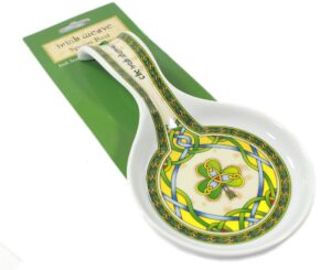 irish weave ceramic spoon rest with celtic and shamrock design, 230mm x 75mm