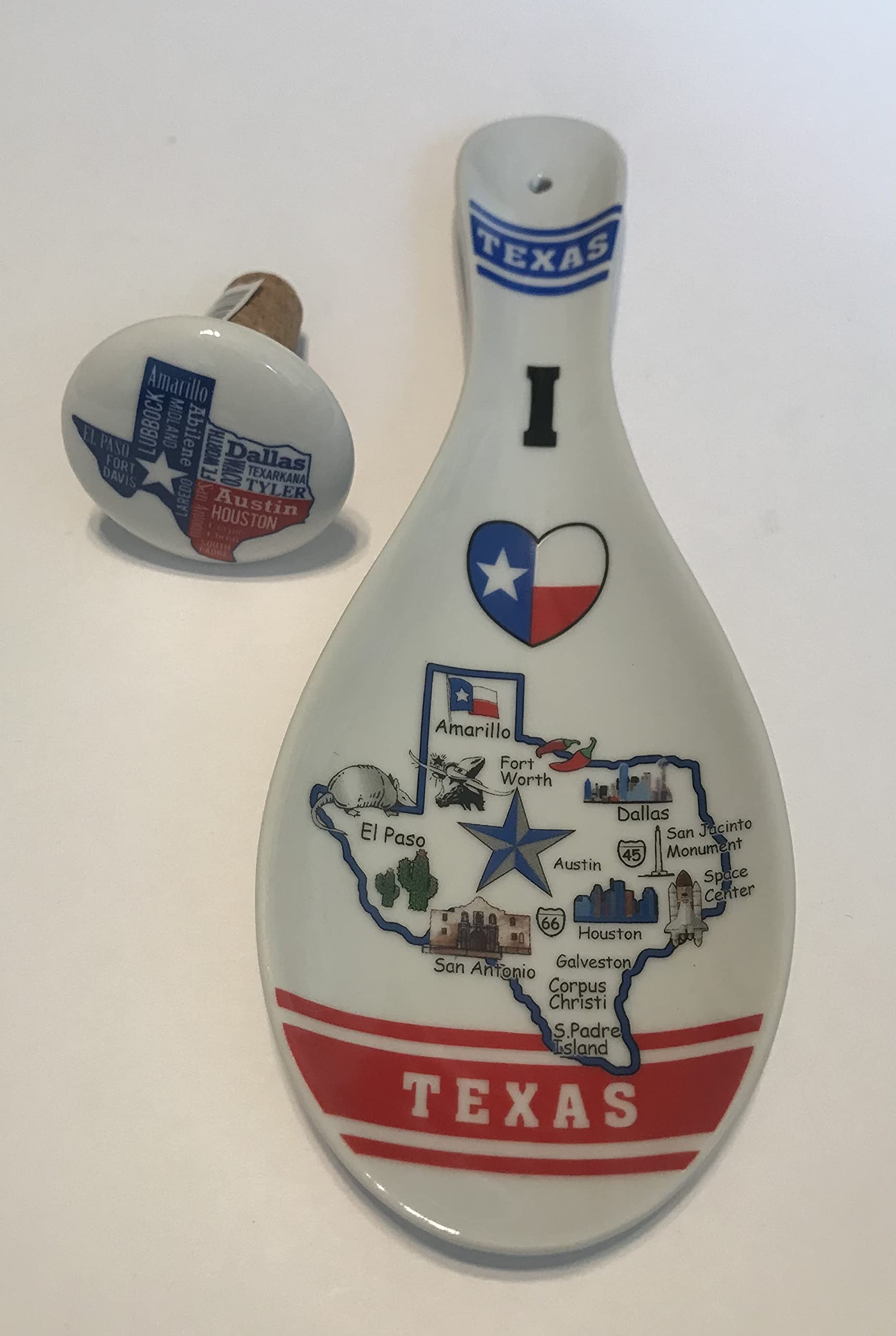 Texas Spoon Rest Ceramic, Texas Souvenir Collectible Spoons Rest And Texas Ceramic Wine Stopper 2 Item Value Pack (I Love Texas With Map Design)