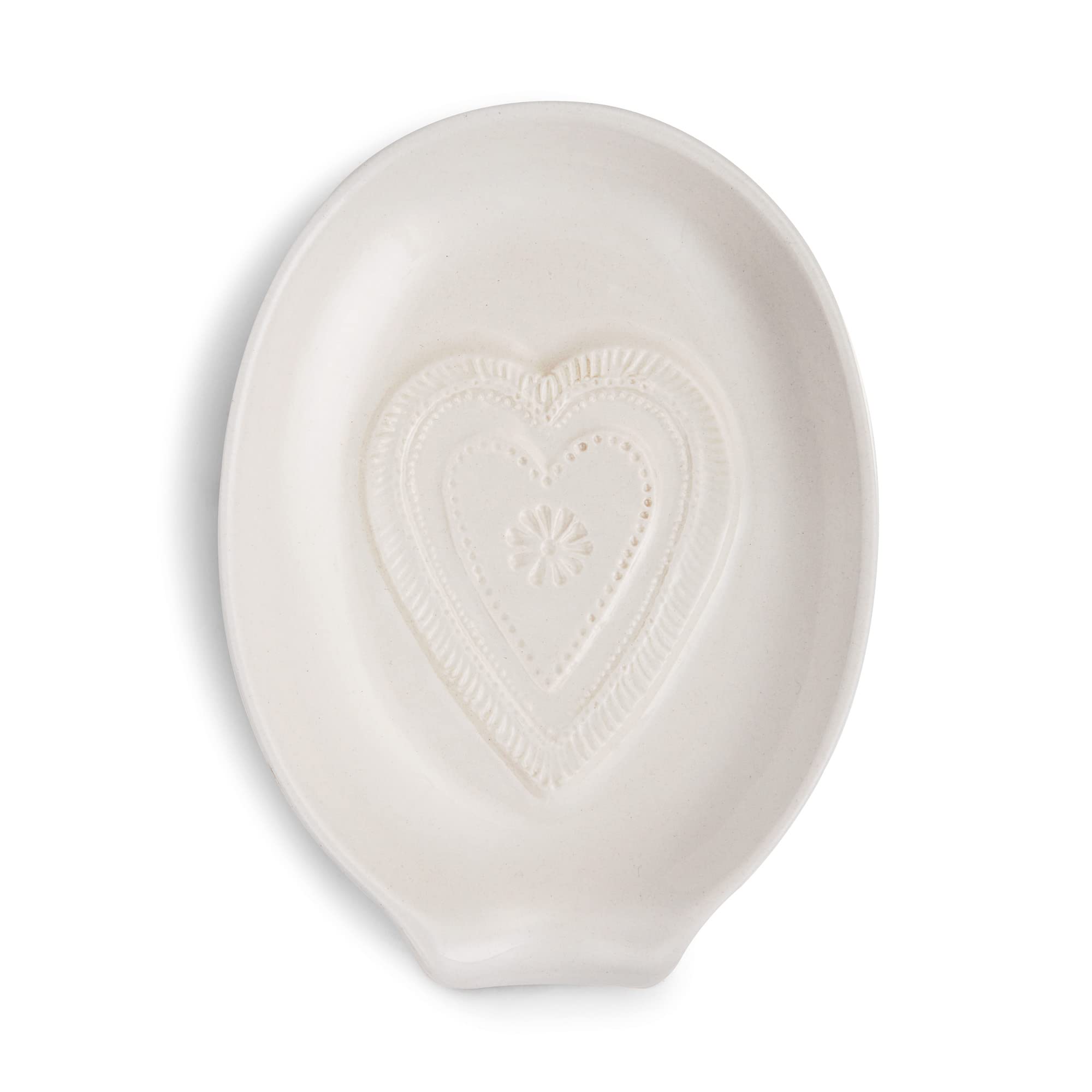 DEMDACO Heart Embossed Glossy Classic White 6 x 5 Stoneware Ceramic Oval Spoon Rest