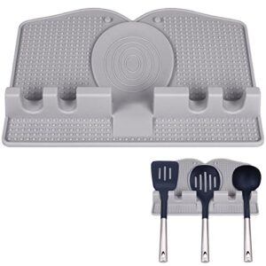 arrozon 2 in 1 silicone utensil spoon rest kitchen counter with drip pad, 4 slots larege spoon spatula holder for stove top, bpa-free heat-resistant non slip kitchen utensils mat(grey)