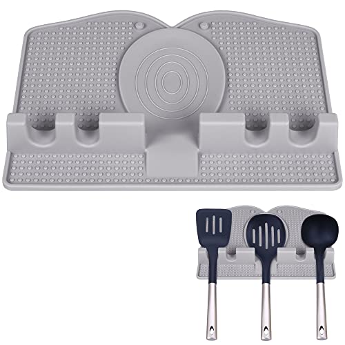 Arrozon 2 in 1 Silicone Utensil Spoon Rest Kitchen Counter with Drip Pad, 4 Slots Larege Spoon Spatula Holder for Stove Top, BPA-Free Heat-Resistant Non Slip Kitchen Utensils Mat(grey)