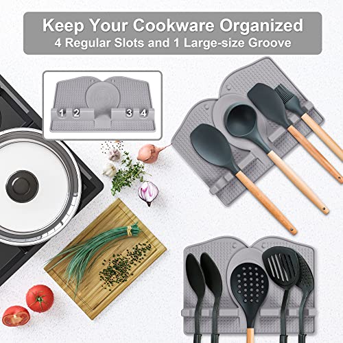 Arrozon 2 in 1 Silicone Utensil Spoon Rest Kitchen Counter with Drip Pad, 4 Slots Larege Spoon Spatula Holder for Stove Top, BPA-Free Heat-Resistant Non Slip Kitchen Utensils Mat(grey)