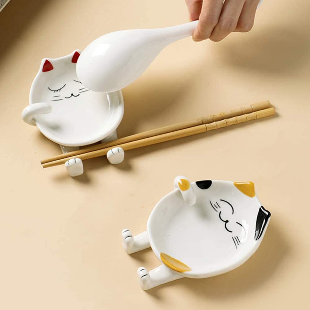 Ceramic Cat Spoon Rest for Kitchen Counter, Multi-Functional Chopsticks Spoon Holder,Ceramic Utensil Holder -Essential Kitchen Gadgets & Accessories, Decor Gift for Cat Lover (Yellow)