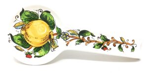 nova deruta spoon rest, lemon tree, made in italy, italian exclusively handcrafted earthenware for sur la table, deruta region artwork, lemons