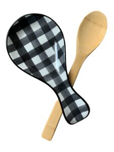 ylf collections buffalo plaid spoon rest & spoon set, large black & white spoon rest with bamboo spoon, 10.25x4.9x1