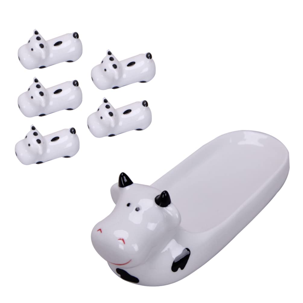 Cabilock 6pcs Ceramic Spoon Rest Cartoon Cow Shaped Kitchen Spoon Holder Salad Plate Fruit Plate Dish Porcelain Cooking Utensils Rest Stand for Kitchen Stoves Countertops Mixed Size