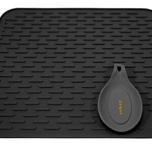Eekay Wares XL Black Silicone Drying Mat with Bonus silicone spoon rest & storage band for easy storage- Easy Clean, Heat Resistant, size-17.8 X 15.8