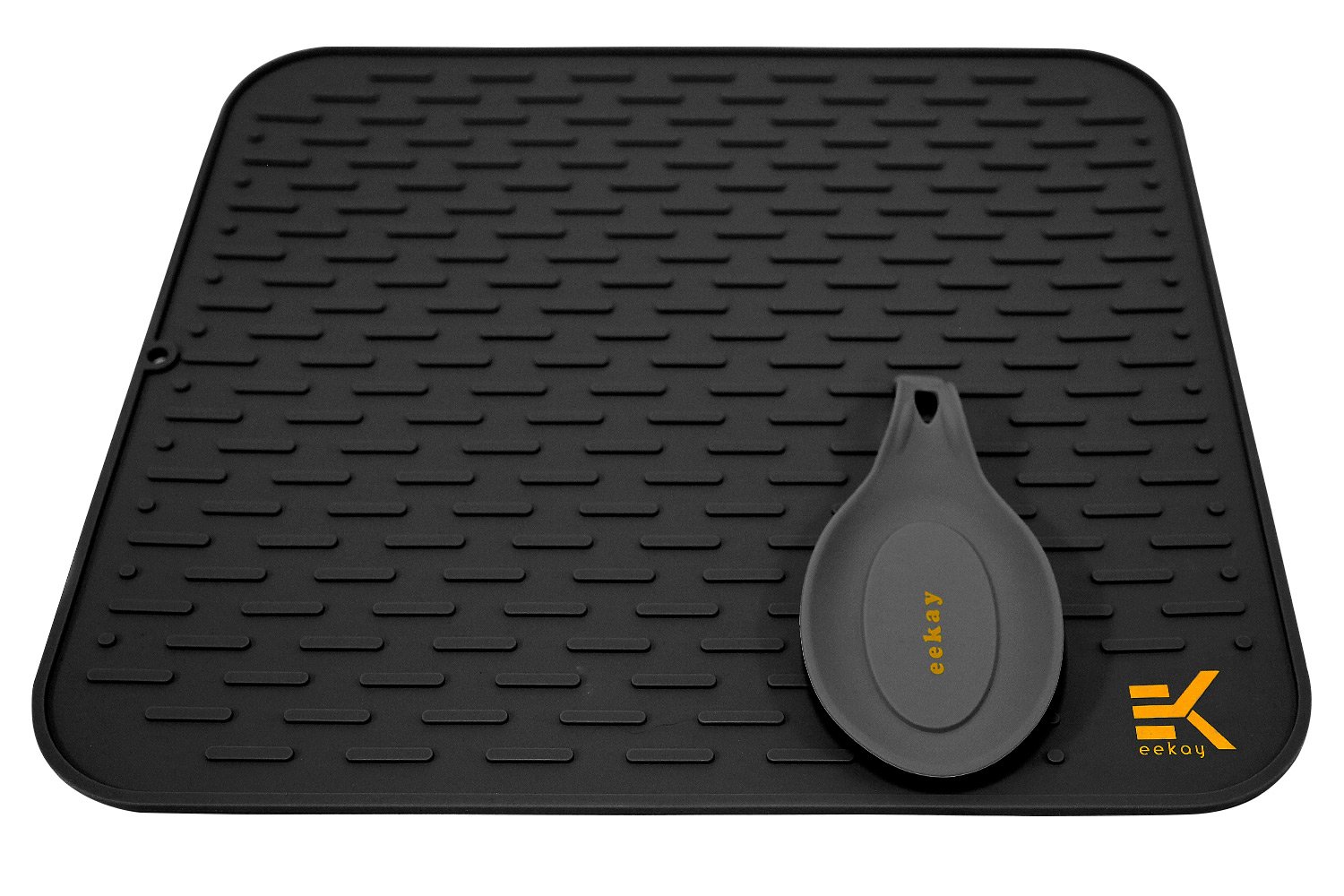 Eekay Wares XL Black Silicone Drying Mat with Bonus silicone spoon rest & storage band for easy storage- Easy Clean, Heat Resistant, size-17.8 X 15.8