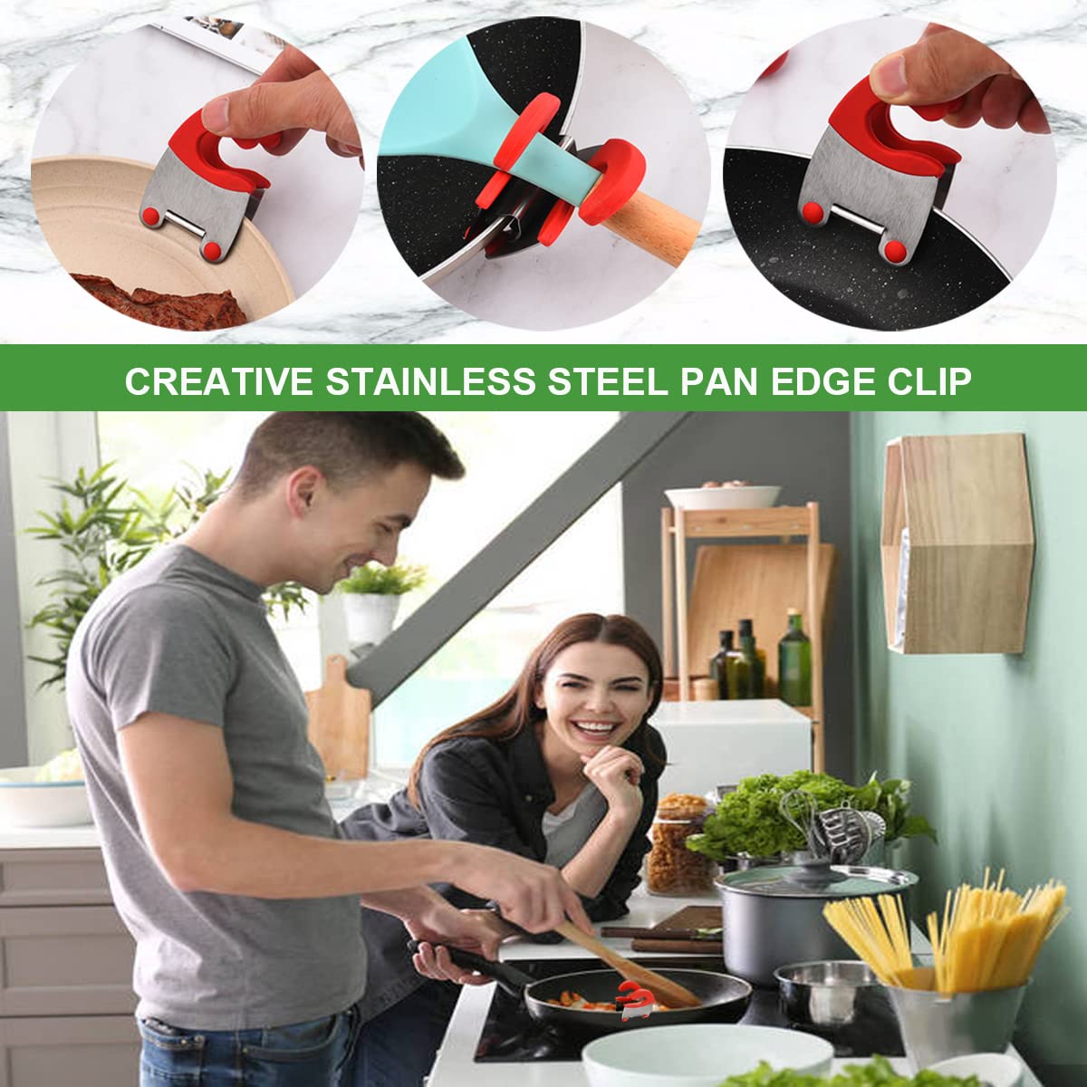 DOERDO 2Pcs Pot Clip Stainless Steel Pot Spoon Holder, Anti-Scald Grip Silicone Pot Clip Holder Fixed Clamp for Spoon Spatula (Red, Black)