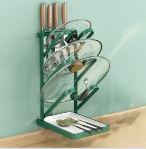 pot lid organizer, spoon rest, knife rack, multi-function pan cooking board spatula kitchen utensil stand cover holder, wall/door mounted cabinet storage organizer with removable tray (green), m