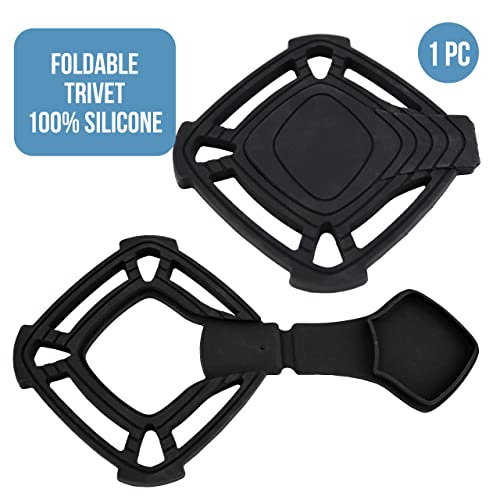 Iconikal Silicone Trivet with Built-in Folding Spoon Rest, Black for Hot Dishes Pots Pans Stirring Soups Chili
