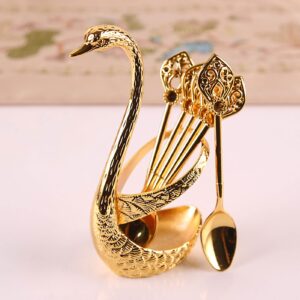 coffee dessert spoon set, metal swan base holder spoon organizer with 6 spoons, creative dinnerware set decorative swan shaped style holder (gold (a))