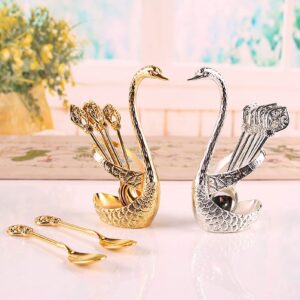 Coffee Dessert Spoon Set, Metal Swan Base Holder Spoon Organizer with 6 Spoons, Creative Dinnerware Set Decorative Swan Shaped Style Holder (Gold (A))