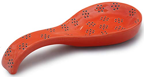 ABHANDICRAFTS Metal Spoon Rest with Red Ceramic Dish - Upright Utensil Holder for Stovetop & Kitchen Organization Standing Spoon Rest for Kitchen Countertop (AB-SPOON-015)