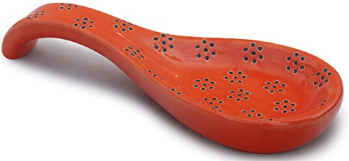 ABHANDICRAFTS Metal Spoon Rest with Red Ceramic Dish - Upright Utensil Holder for Stovetop & Kitchen Organization Standing Spoon Rest for Kitchen Countertop (AB-SPOON-015)